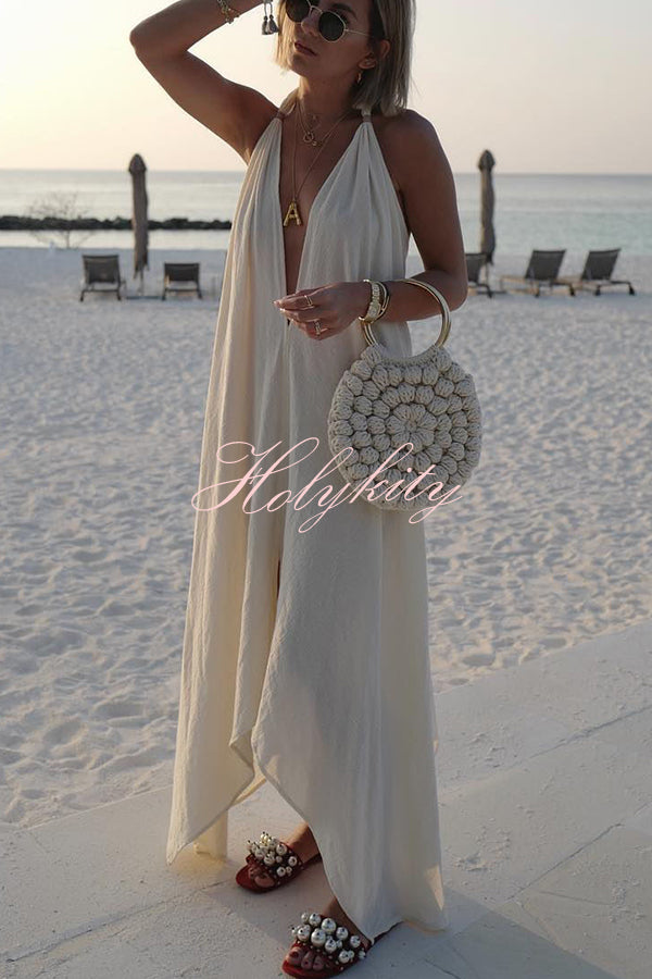 Bali Dreams Linen Blend Leather Tassel Design Halter Backless Beach Maxi Dress