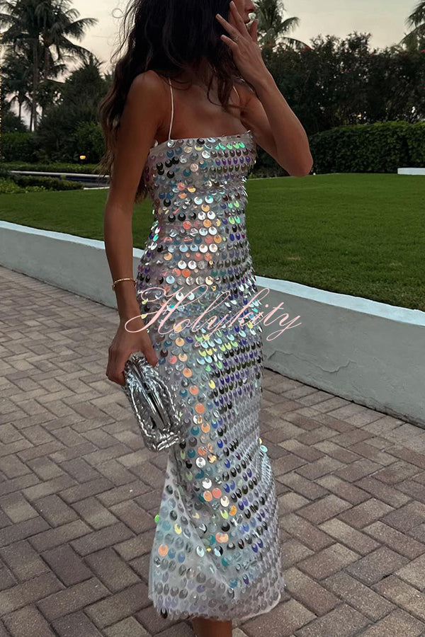 Glamour Glow Sequin Spaghetti Strap Birthday Party Midi Dresses