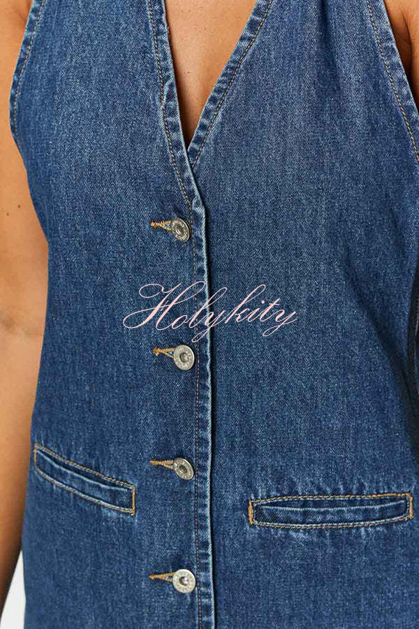 Corbin Denim Button Up Halter Neck Pocketed Mini Dress