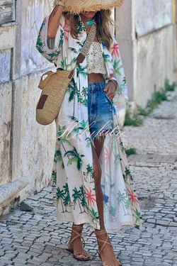 Resort Style Botanical Print Tie-waist Long Cover-up