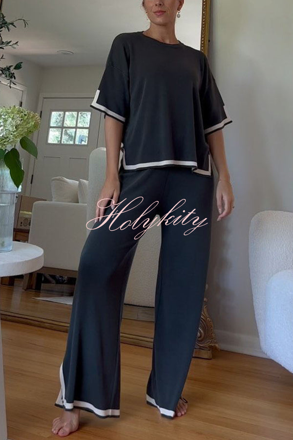 Lounge or Casual Wear Knit Patchwork Color Block Short Sleeve Top and Elastic Wide Leg Pants