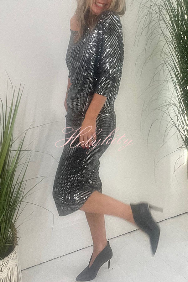 Full of Charm Sequin Dolman Sleeve Loose Midi Dress