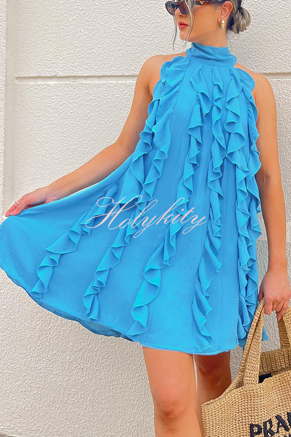 Oh So Sweet Chiffon High Neck Ruffle Pleated A-line Mini Dress