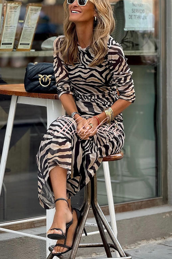 Natural Beauty Mesh Zebra Print Ruched Stretch Maxi Dress