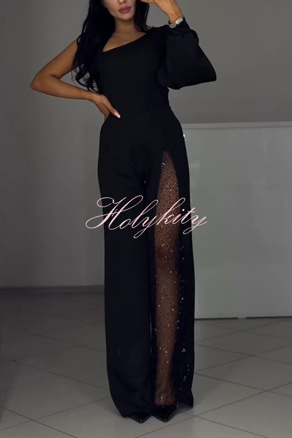 Fashionable Oblique Shoulder One-sleeve Sexy High Slit Slim Jumpsuit