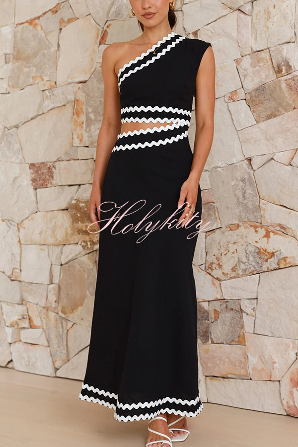 Wavy Lace Waist Cutout One Shoulder Sleeveless Maxi Dress