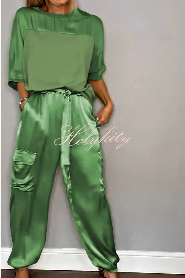 Calissa Smooth Satin Half-sleeved Top and Elastic Waist Pocket Pants Set