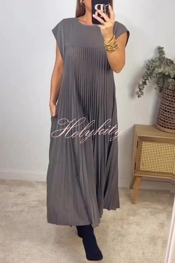 Solid Color Round Neck Sleeveless Pleated Large Hem Maxi Dress