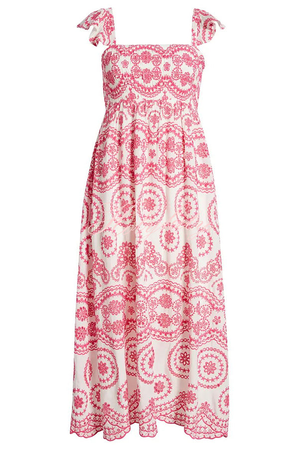 Darling & Dainty Embroidery Style Unique Print Smocked Midi Dress