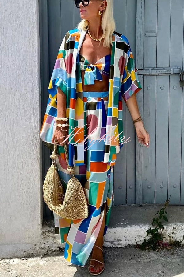 Summer Colors Printed Kimono + Knotted Tank + Elastic Waist Pocket Three-pieces Pants Set