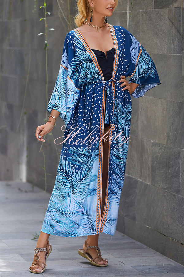 Unique Print Loose Lace Up Holiday Maxi Cover Up