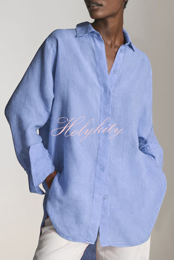 Reality Calling Linen Blend Solid Button Long Sleeve Loose Blouse