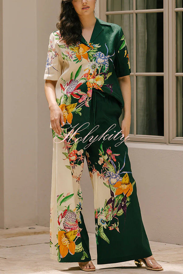 Island Linen Blend Unique Print Short Sleeve Loose Shirt and Elastic Waist Pocket Pants Set