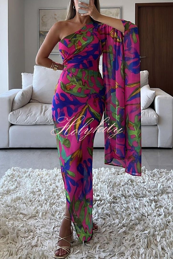 Colorful Printed One-sleeve Slim-fitting Slit Maxi Dress