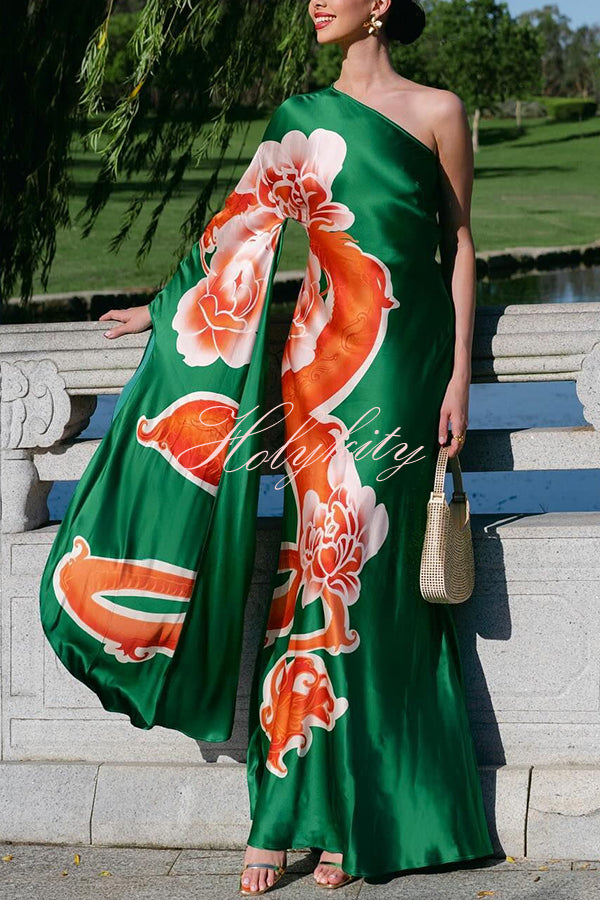 Elegance and Grace Satin Dragon Print One Shoulder Drape Sleeve Maxi Dress