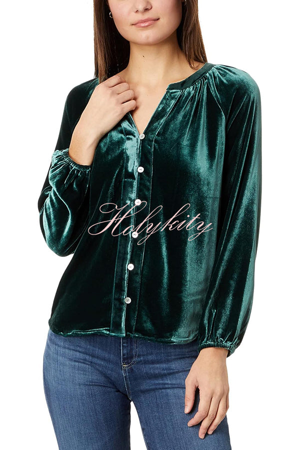 Solid Color Velvet V-neck Long-sleeved Shirt