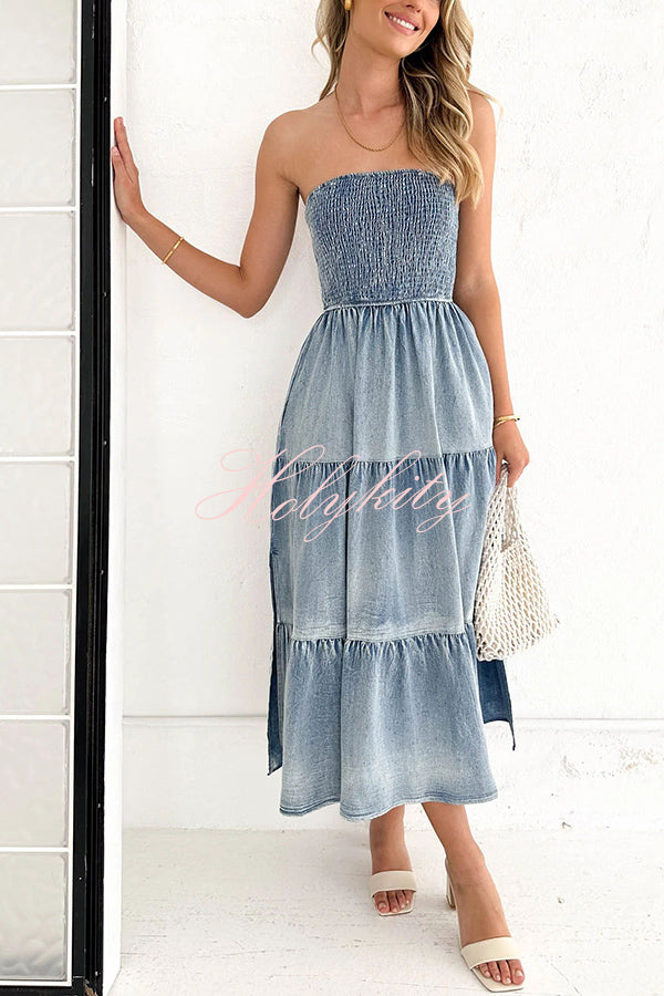 Asmn Off Shoulder Pleated Pocket Paneled Denim Maxi Dress