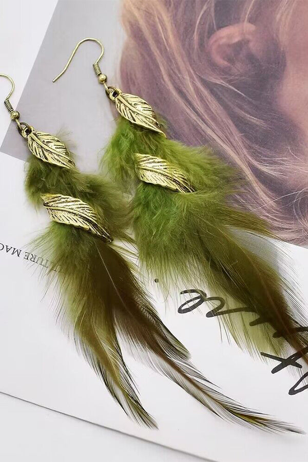 Vintage chain tassel bohemian feather earrings