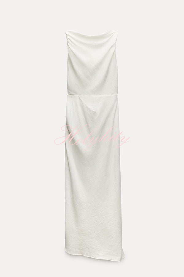 Sculptural Effect Linen Blend Twisted Shoulder Strap Drape Maxi Dress