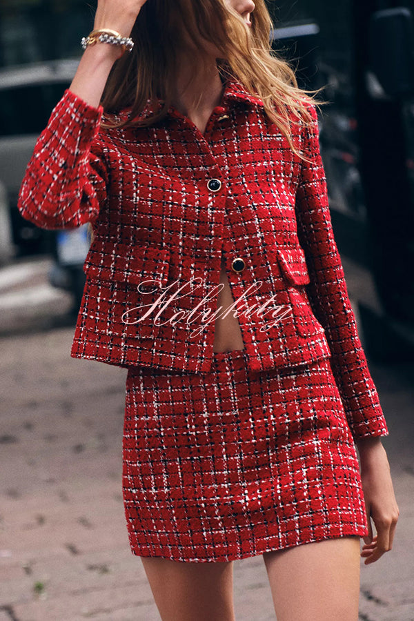 Tweed Plaid Textured Long-sleeved Casual Pocket Jacket