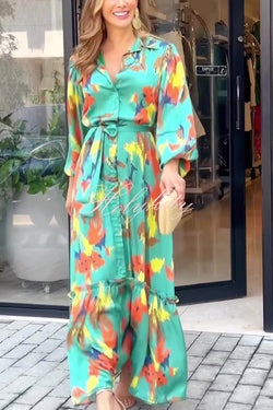 Multicolor Printed Lapel Balloon Sleeves Tie-waist Maxi Dress