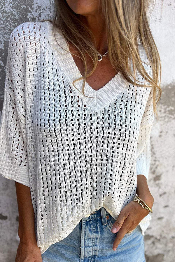 Fashionable Hollow V-neck Long-sleeved Casual Loose Knitted Top