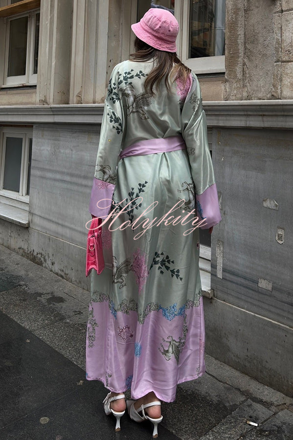 Karty Satin Unique Print Long Sleeve Belt Lapel Kimono Cover-ups