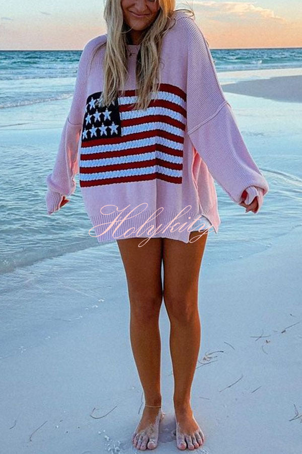 Independence Day Patchwork Long Sleeved Crew Neck Knitted Sweater