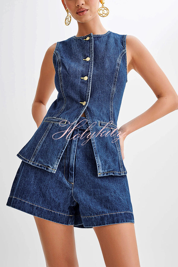 Abel Denim Button Up Princess Seams Pocket Vest Top