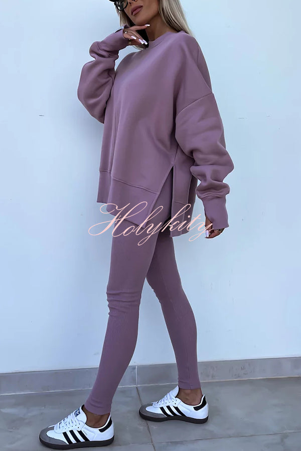 Solid Color Loose Long Sleeve SlitSweatshirt and Elastic Waist Tight Pants Set