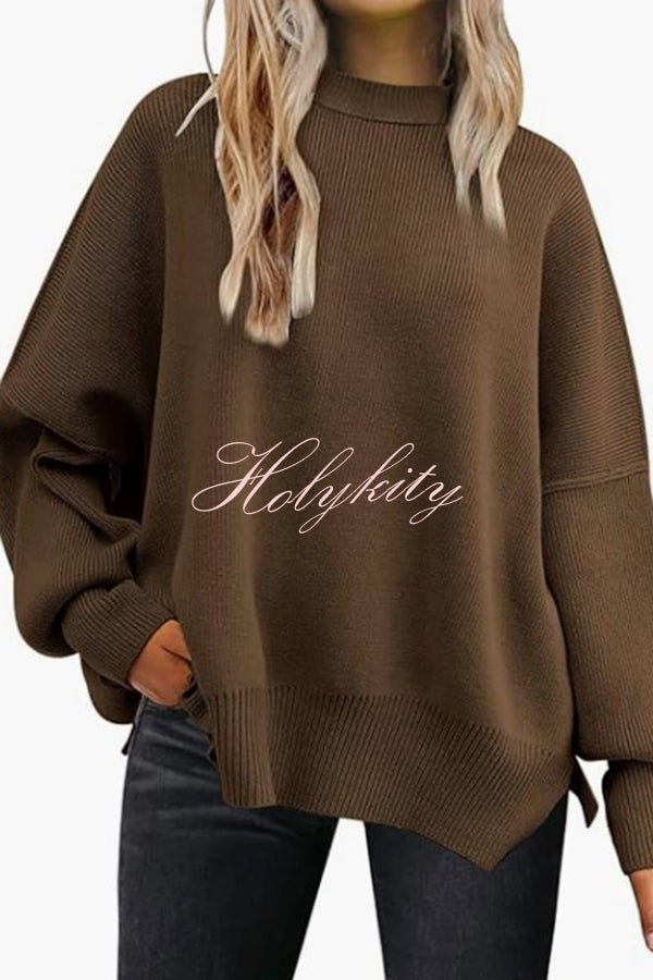 Distressed Knit Side Slit Long Sleeve Pullover Sweater