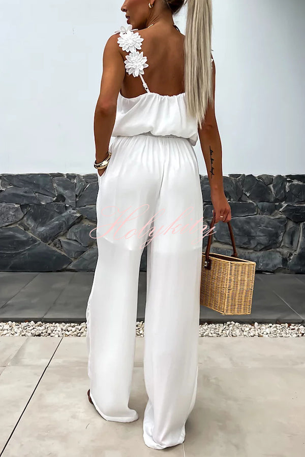 Solid Color Embroidered Flower Suspenders Casual Loose Jumpsuit