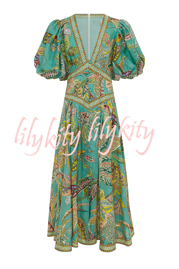 Chic Vacation Linen Blend Unique Print Button Puff Sleeve Pocket Maxi Dress