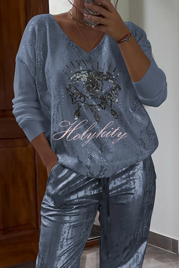 Three-dimensional Eye V-neck Long-sleeved Hot Stamping Top