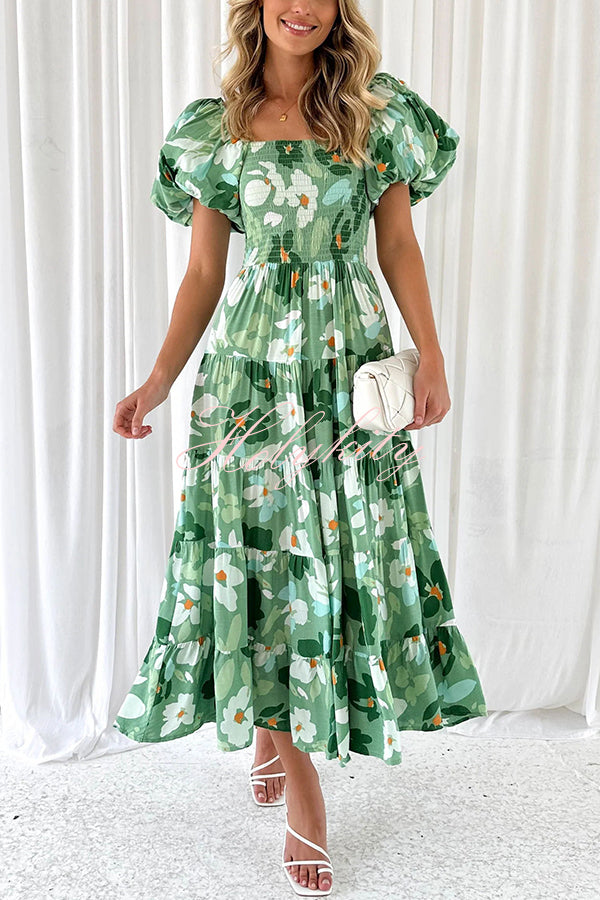 Petal Princess Unique Print Smocked Waist Puff Sleeve Midi Dress