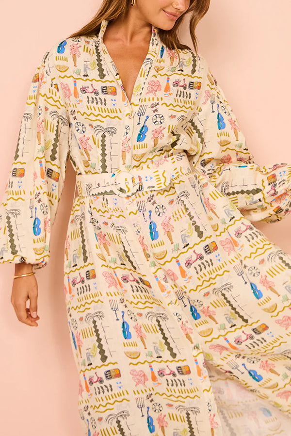 Country Cutie Unique Print Long Sleeve Belted Pocket Shirt Maxi Dress