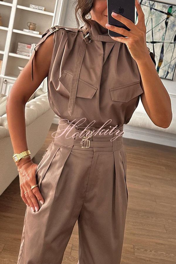 Statement Breast Pocket High Neck Top and Side Pocket Belt Long Pant Set