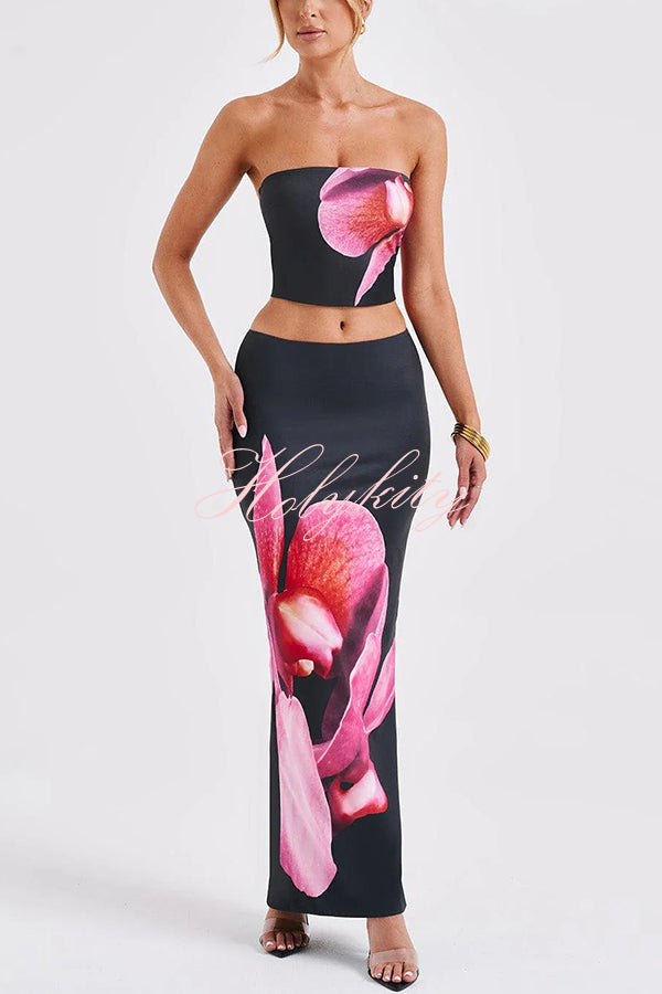 Allegra Abstract Floral Print Stretch Strapless Tank and Elastic Waist Maxi Skirt Set