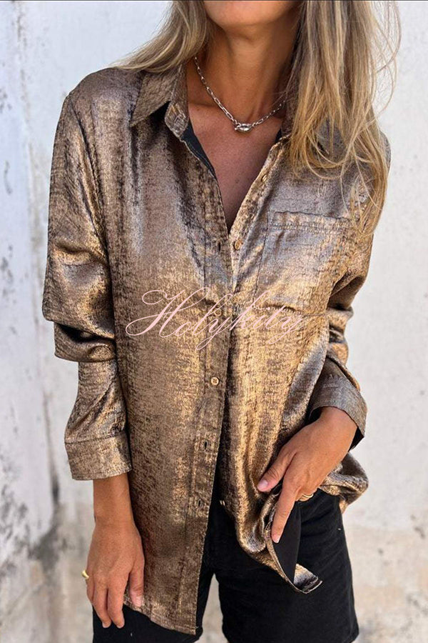 First and Fabulous Metallic Fabric Button Up Long Sleeve Loose Blouse