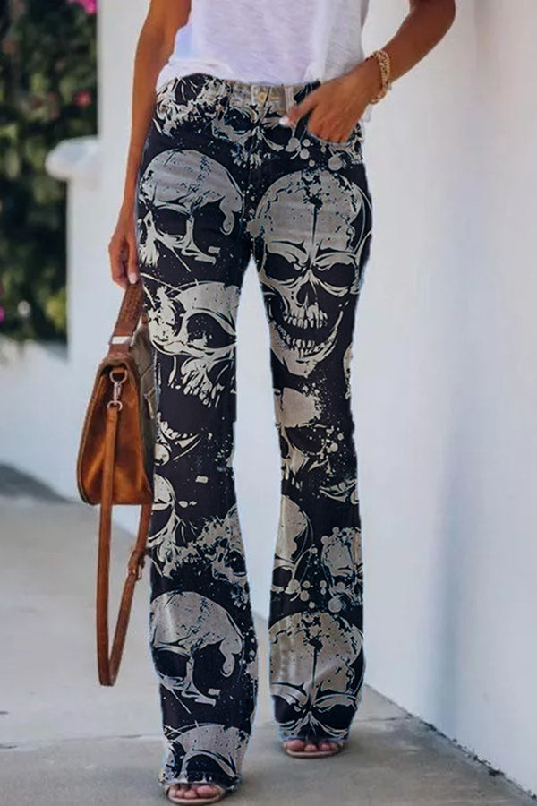 On A Drive Printed Faux Denim High Rise Flare Pants