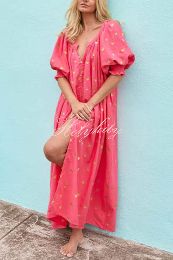 Valentine's Day Gold Heart Print Puff Sleeve Button Pocketed Loose Maxi Dress