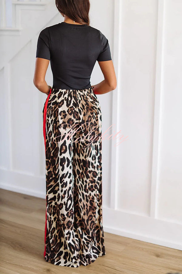 Leopard Print Elastic Waist Pocket Loose Wide Leg Pants