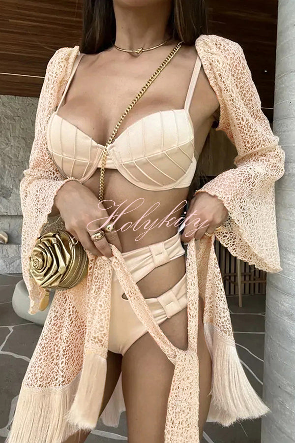 Hollow High Waist Stretch Bikini Swimsuit with Bell Sleeve and Tassle Skirt (3 Pieces)