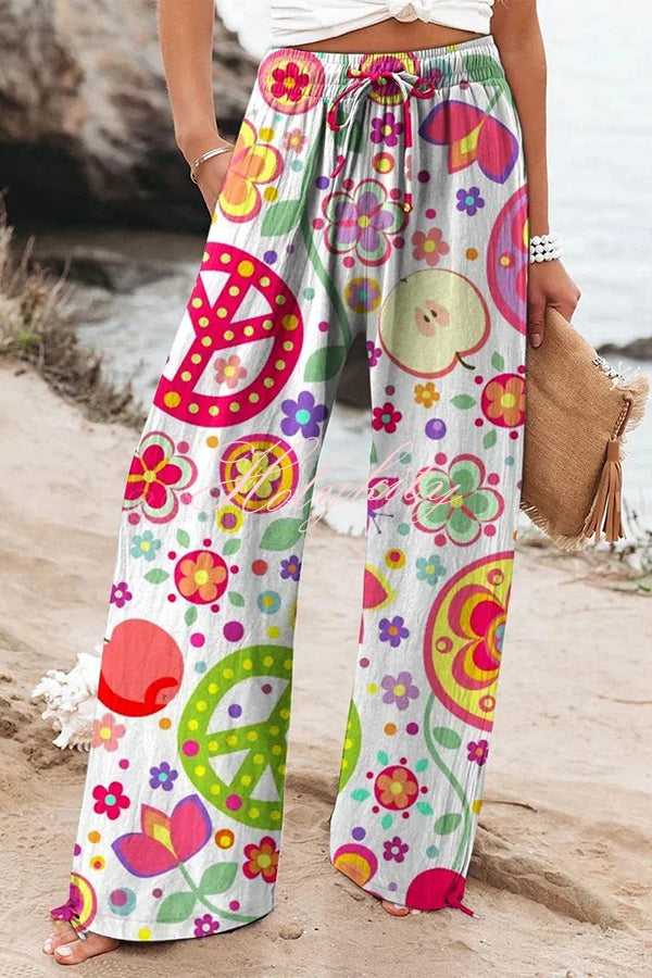 Colorful Printed Elastic Waist Drawstring Pocket Casual Pants