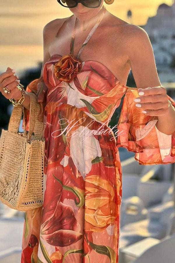 Paradise Bound Floral Printed Flower Pendant Halter Loose Maxi Dress
