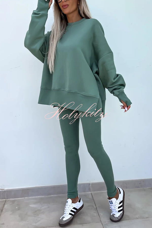 Solid Color Loose Long Sleeve SlitSweatshirt and Elastic Waist Tight Pants Set