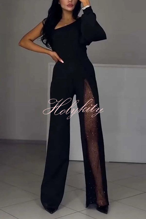 Fashionable Oblique Shoulder One-sleeve Sexy High Slit Slim Jumpsuit