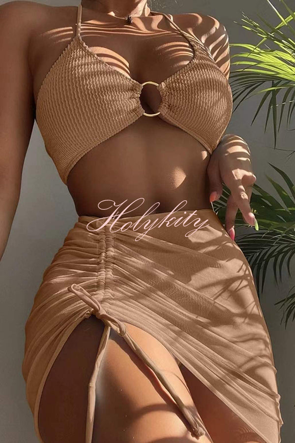 Commuting Style Suspender Pleated Hoop Three Pieces Swimsuit Set