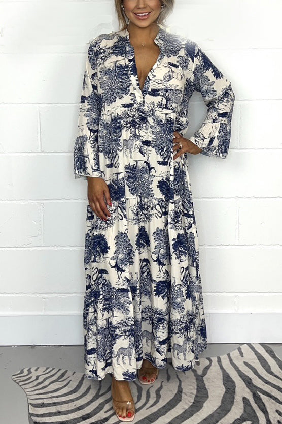 Botanical Print Casual V-neck Trumpet Sleeve Maxi Dress