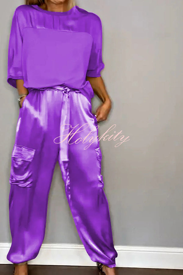 Calissa Smooth Satin Half-sleeved Top and Elastic Waist Pocket Pants Set